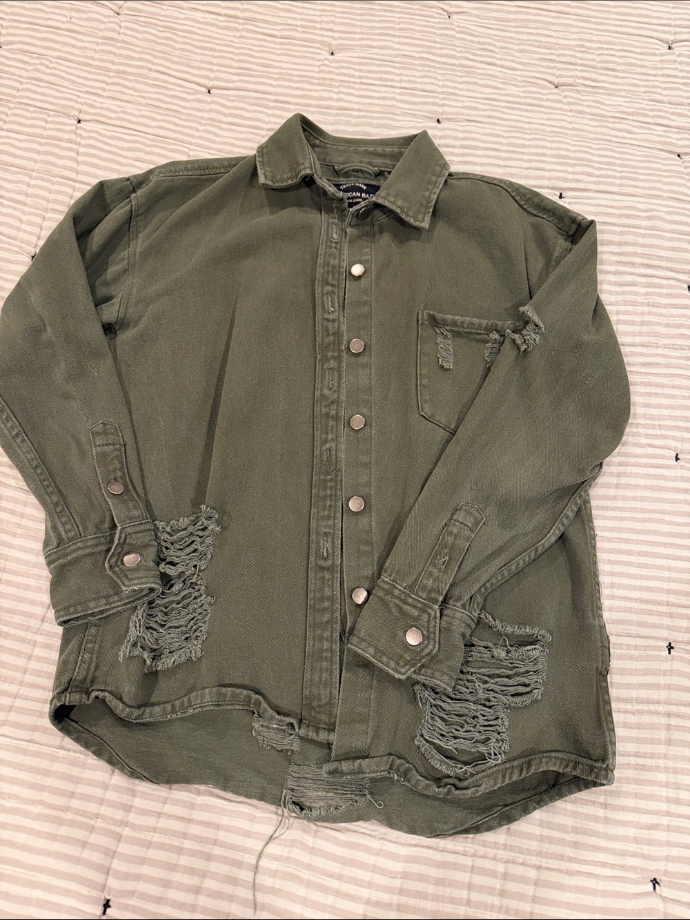 American Bazi Olive Green Distressed Button-Down Shirt